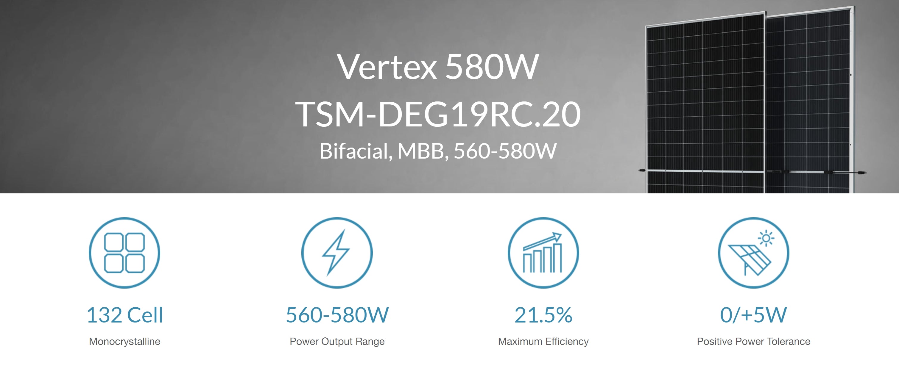 Trina Solar 580W Solar Panel, Trina Solar's Vertex series 580W solar panel with bifacial, monocrystalline tech and high efficiency.