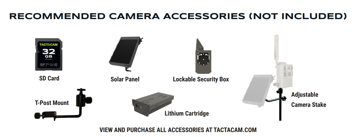 Recommended accessories for trail cameras, including storage, power, security, and mounting options.