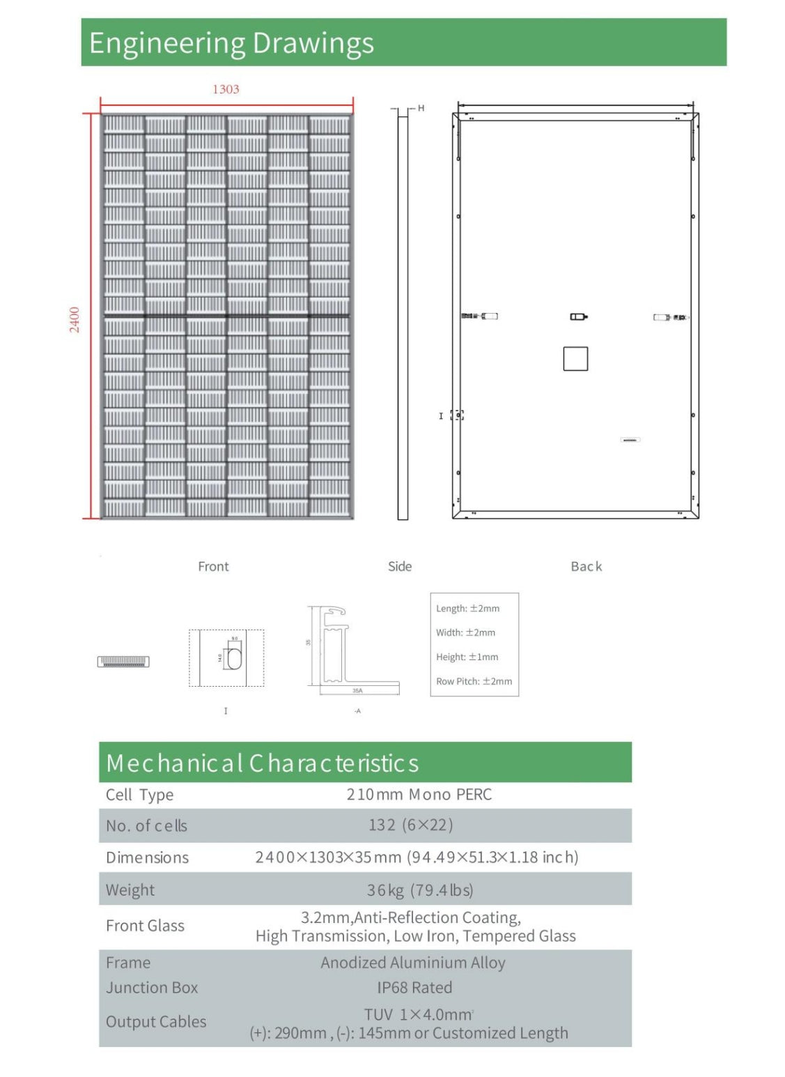 Yangtze Solar panel: 700W bifacial solar panel with dimensions and specifications.