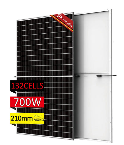 Rosen Solar 700W Solar Panel, High-efficiency 132-cell solar panel with 700W power output, using PERC tech and 210mm mono-crystalline silicon.