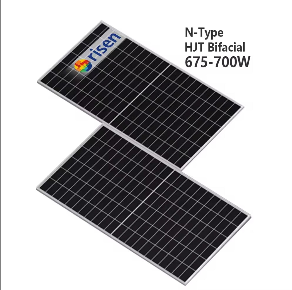 Risen 700 Watt Solar Panel, High-efficiency N-type HJT bifacial solar panel producing 675-700 watts in a compact design.