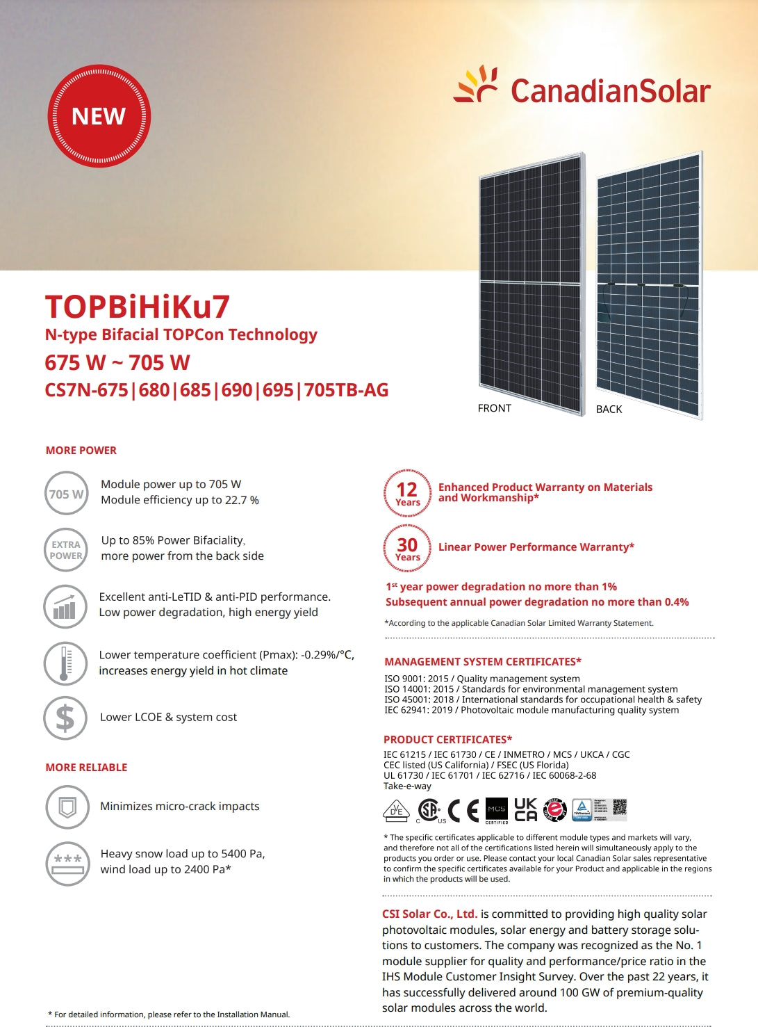 Canadian Solar 700 Watt Solar Panel, High-efficiency solar module with 705W power output and 22.7% efficiency for reliable energy production.