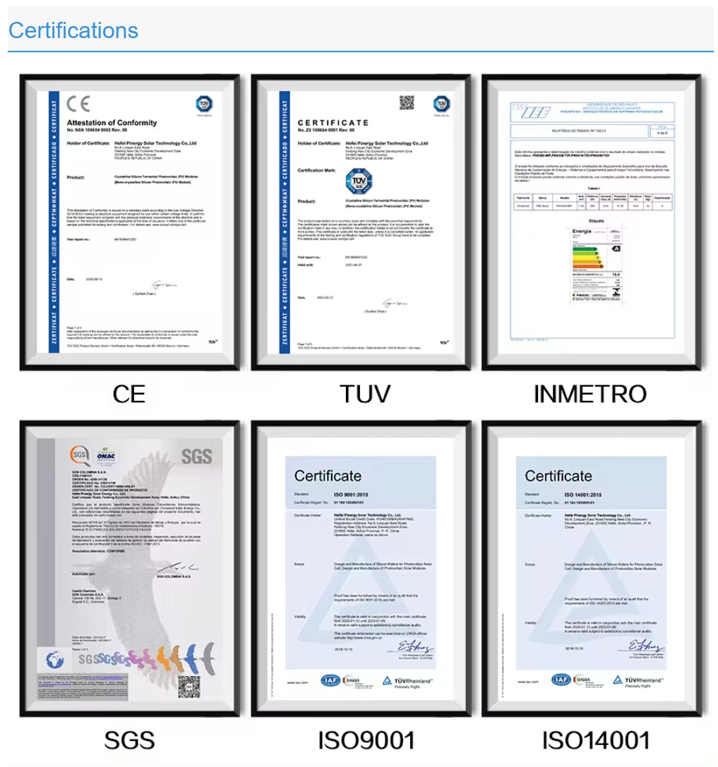 Trina 700 Watt Solar Panel, CE, TÜV, INMETRO, SGS certified; meets ISO 9001 & 14001 standards for quality and environmental responsibility.