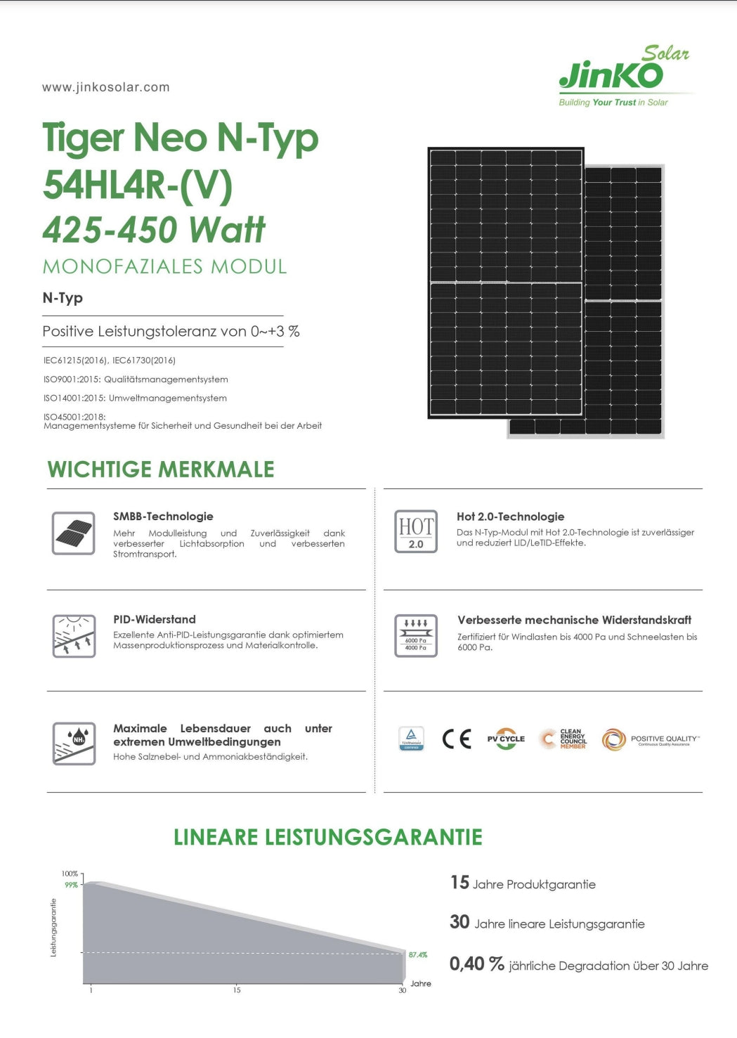 Jinko 440W Solar Panel, High-quality solar panel with 440W power tolerance, hot 2.0 technology, and excellent anti-PID performance.