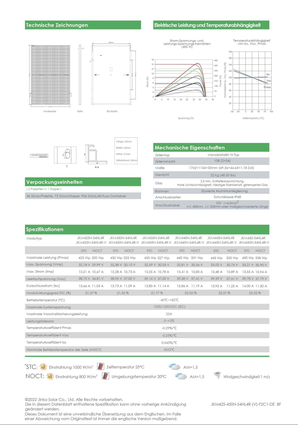 Jinko 440W Solar Panel, Solar module specifications including dimensions, weight, efficiency, and performance characteristics.