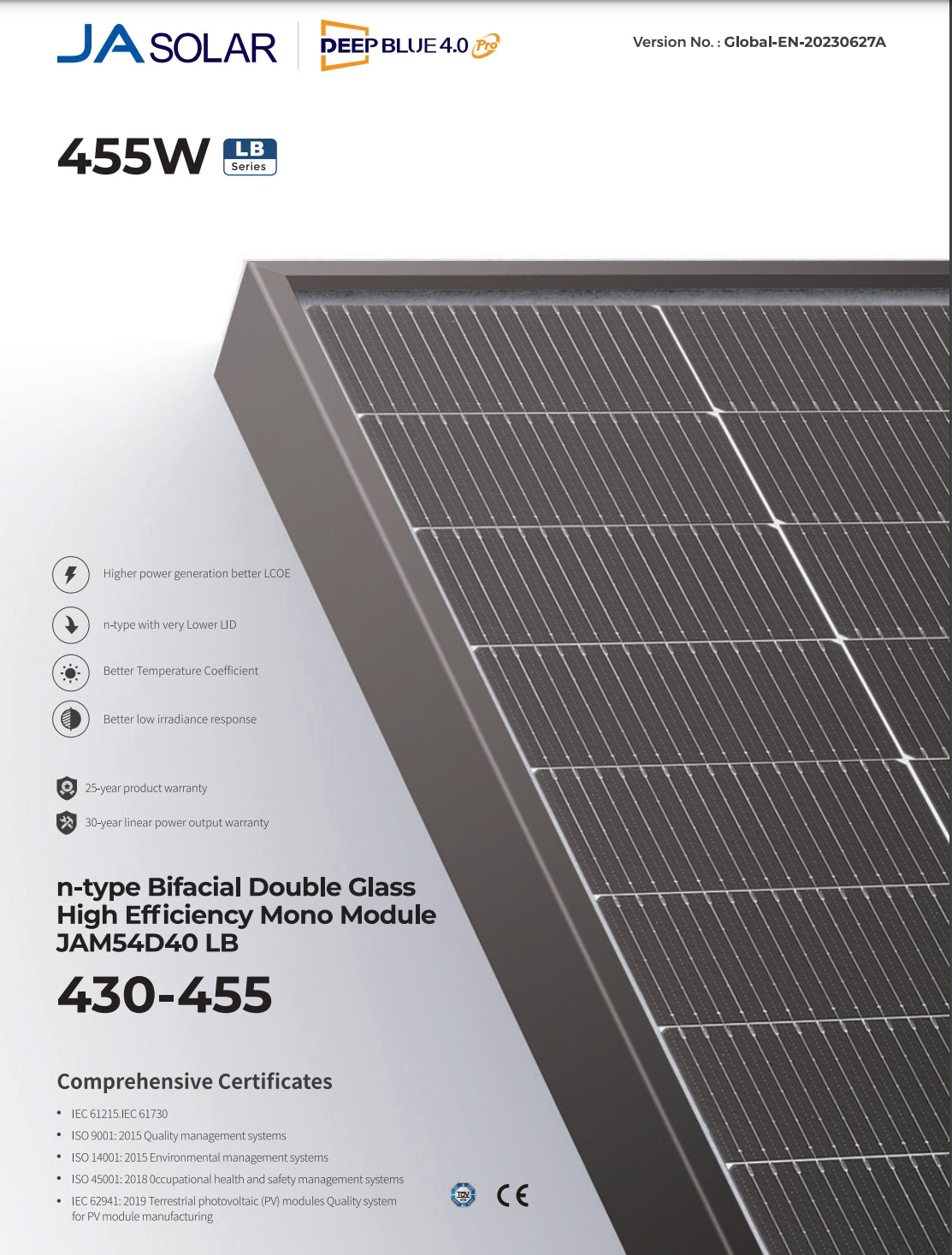 JA Solar 440W Solar Panel, High-performance solar panel with improved power generation and temperature coefficient, certified and warranted for 25 years.