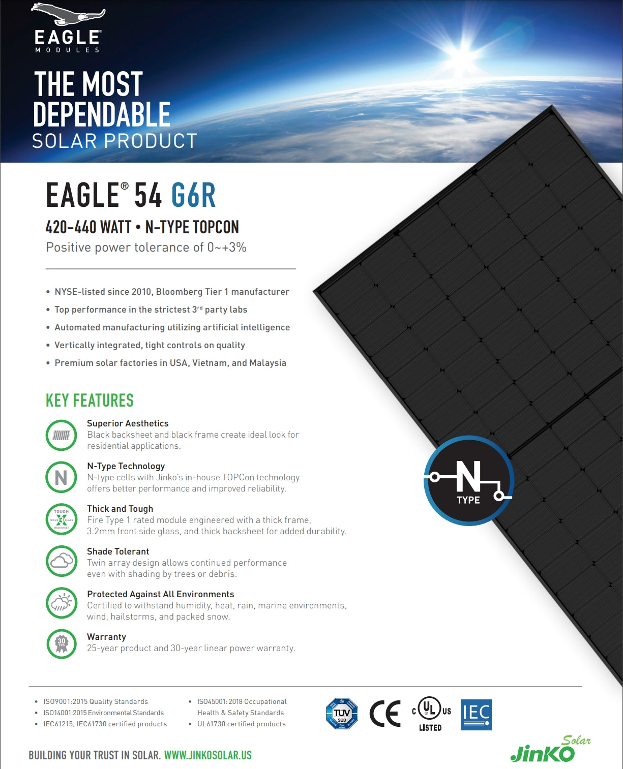 Jinko 425W Solar Panel, Jinko's 425W solar panel features N-type TOPCon technology for performance and reliability, with 25-year warranty and safety certifications.