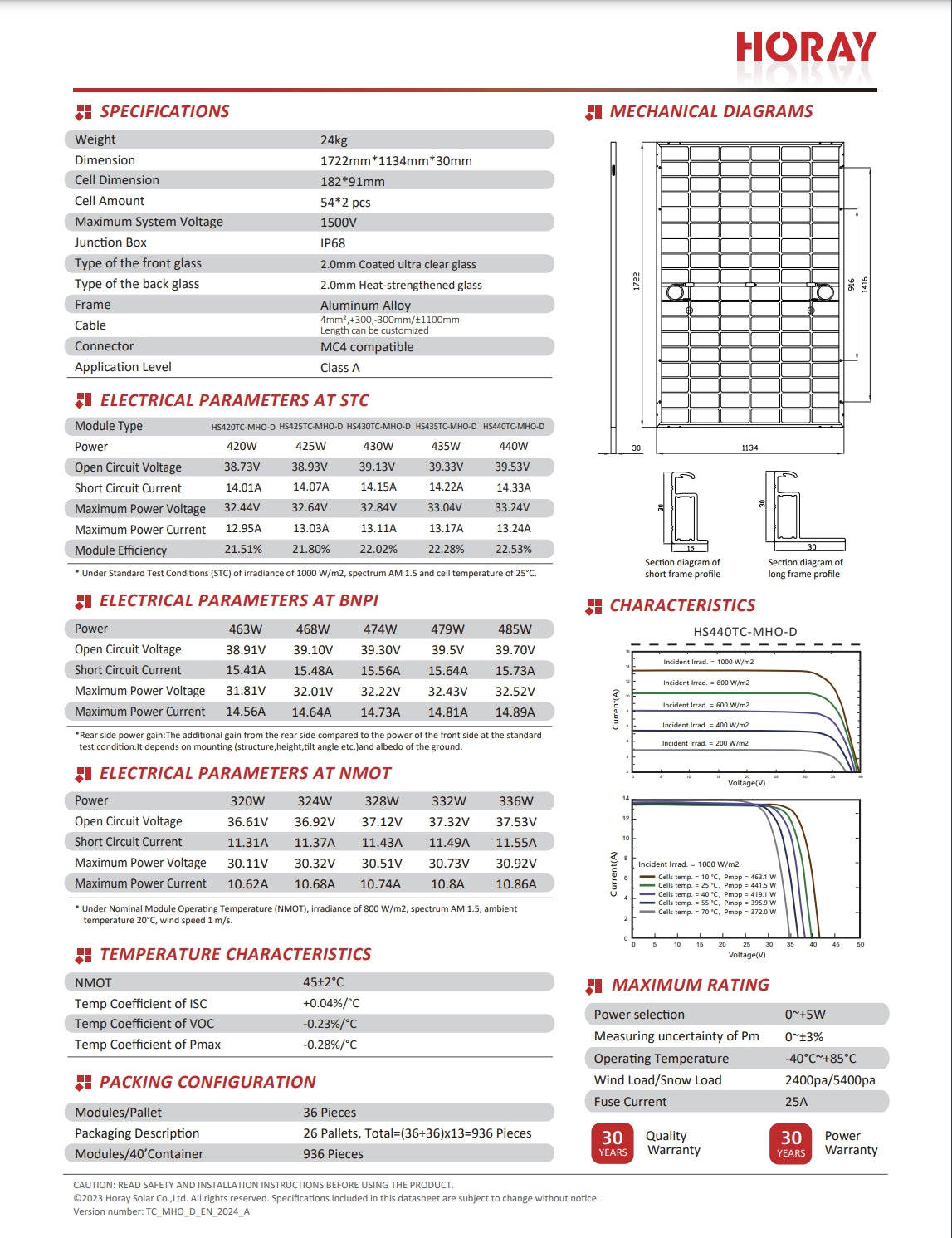 Horay Solar Ocean 440W Solar Panel, High-performance solar panel with 420-440W power output, featuring specs and diagrams.