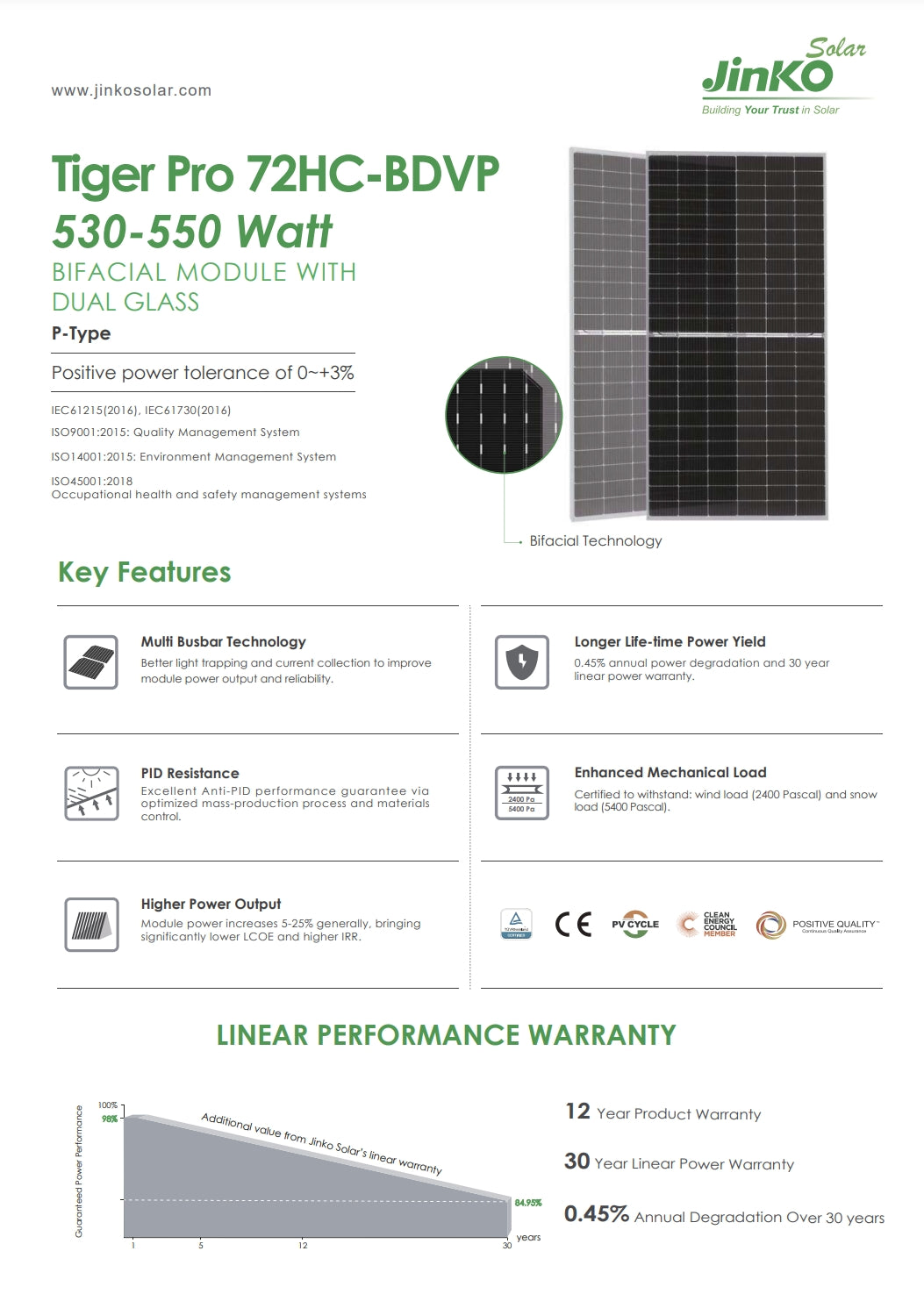 Jinko 550 Watt Solar Panel, High-performance solar panel with bifacial tech, +3% power tolerance, and 12-year warranty for reliable energy generation.