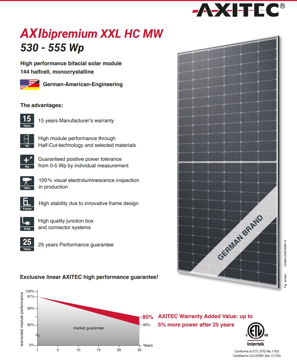 Axitec 550W Solar Panel, High-performance solar panel with bifacial tech, monocrystalline materials, and durable design.