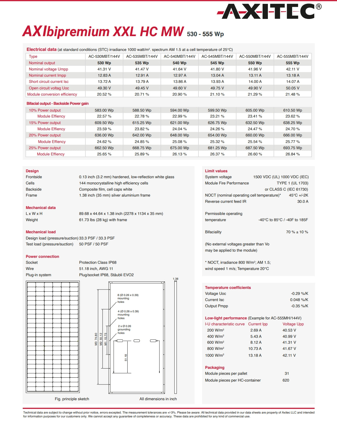 Axitec 550W Solar Panel, AXITEC AXlbipremium XXL HC MW solar panel features 530-555 watts.