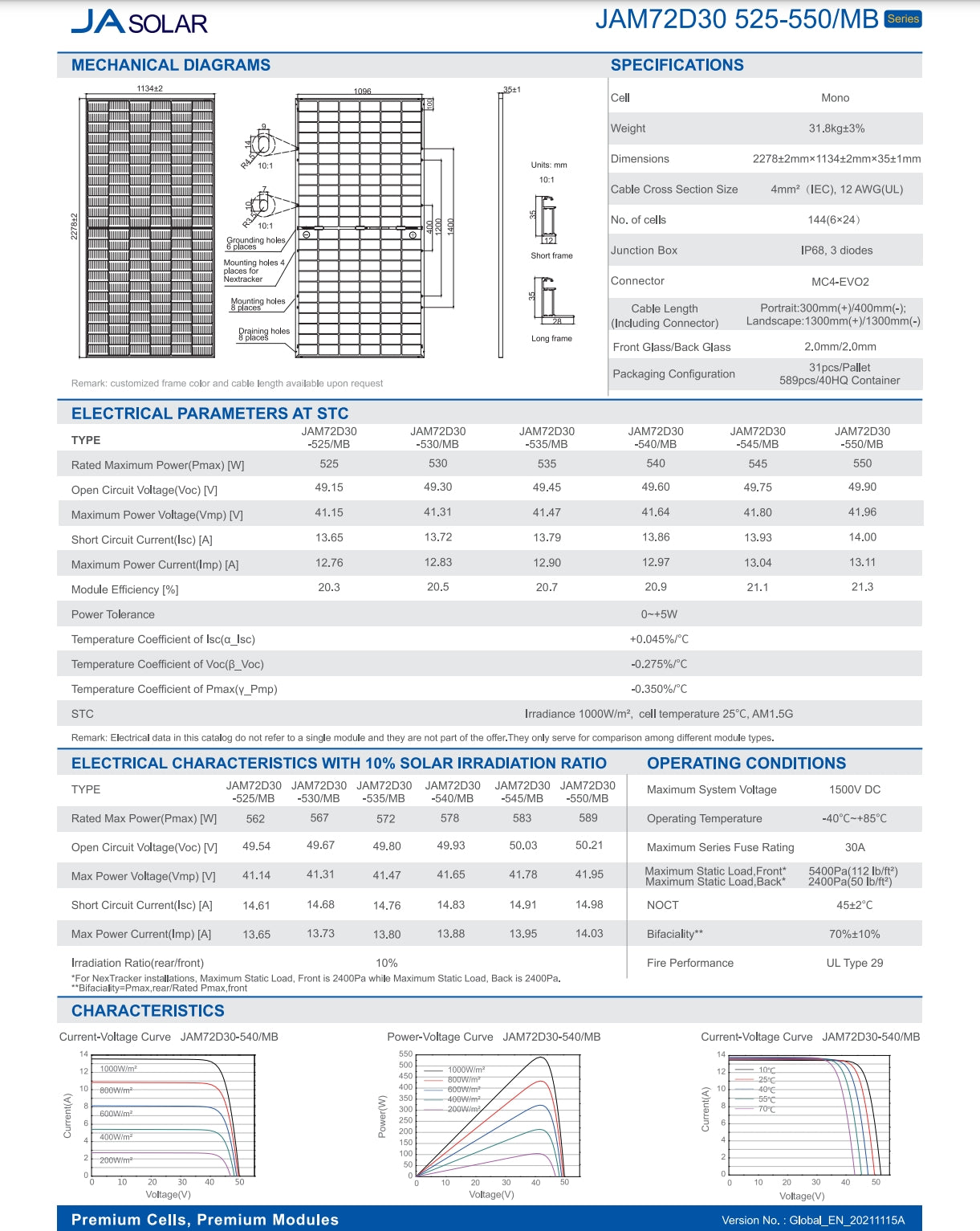 JA Solar 550W Solar Panel, JA Solar JAM72D3O 550W solar panel specs: dimensions, weight, electrical parameters, and features.
