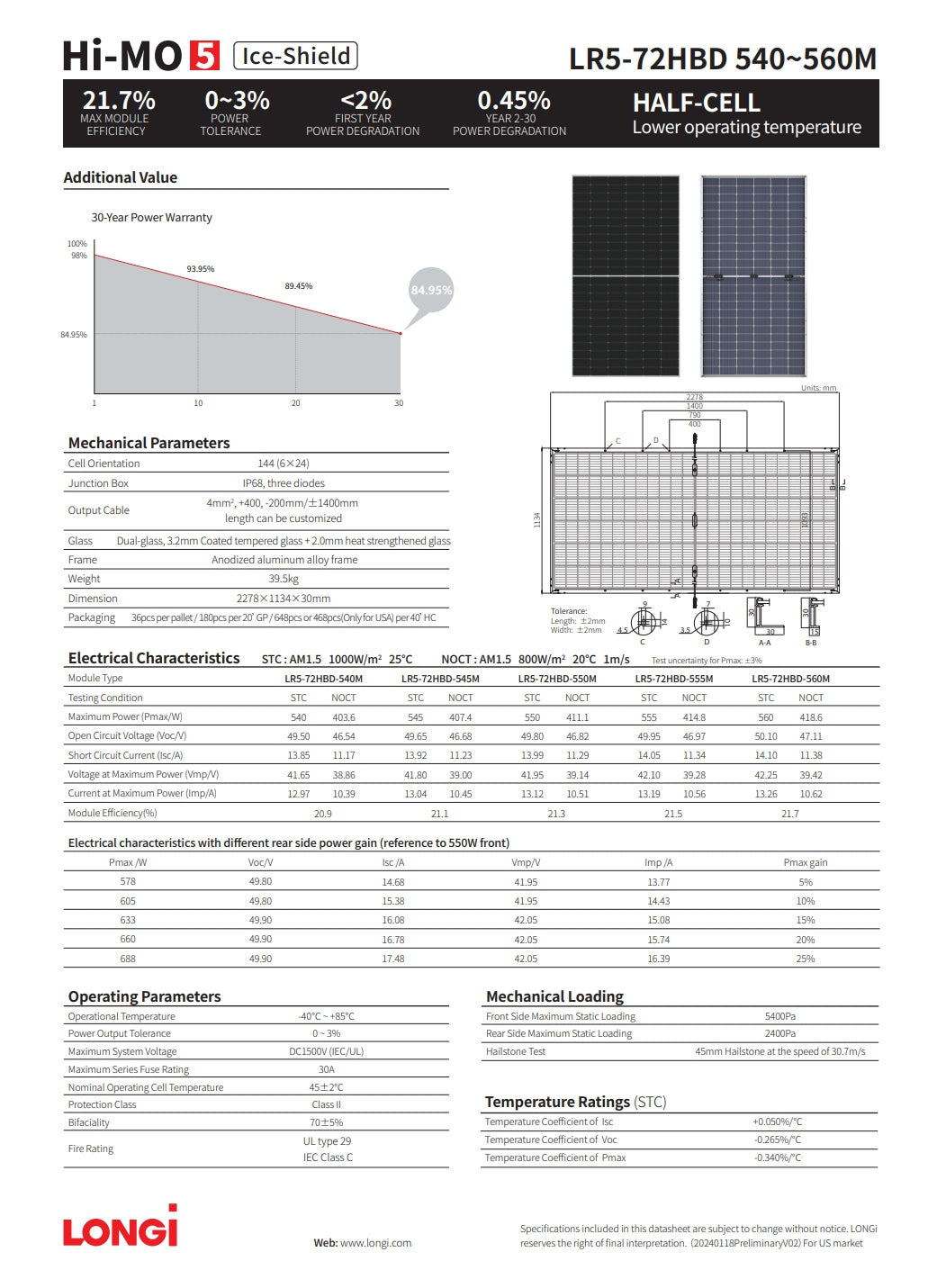 LonGi 550W Solar Panel, High-efficiency solar panel with Hi-MO 5 technology and 540-560 watts max power output.