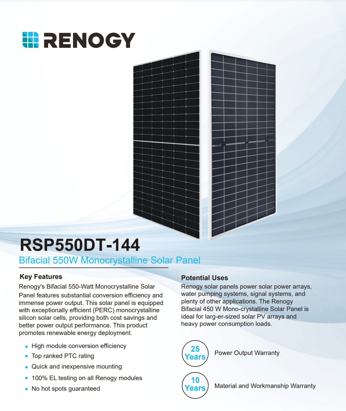 Renogy 550 Watt Solar Panel, Renogy's RSPSSODT-144 solar panel features high conversion efficiency for large-scale applications.