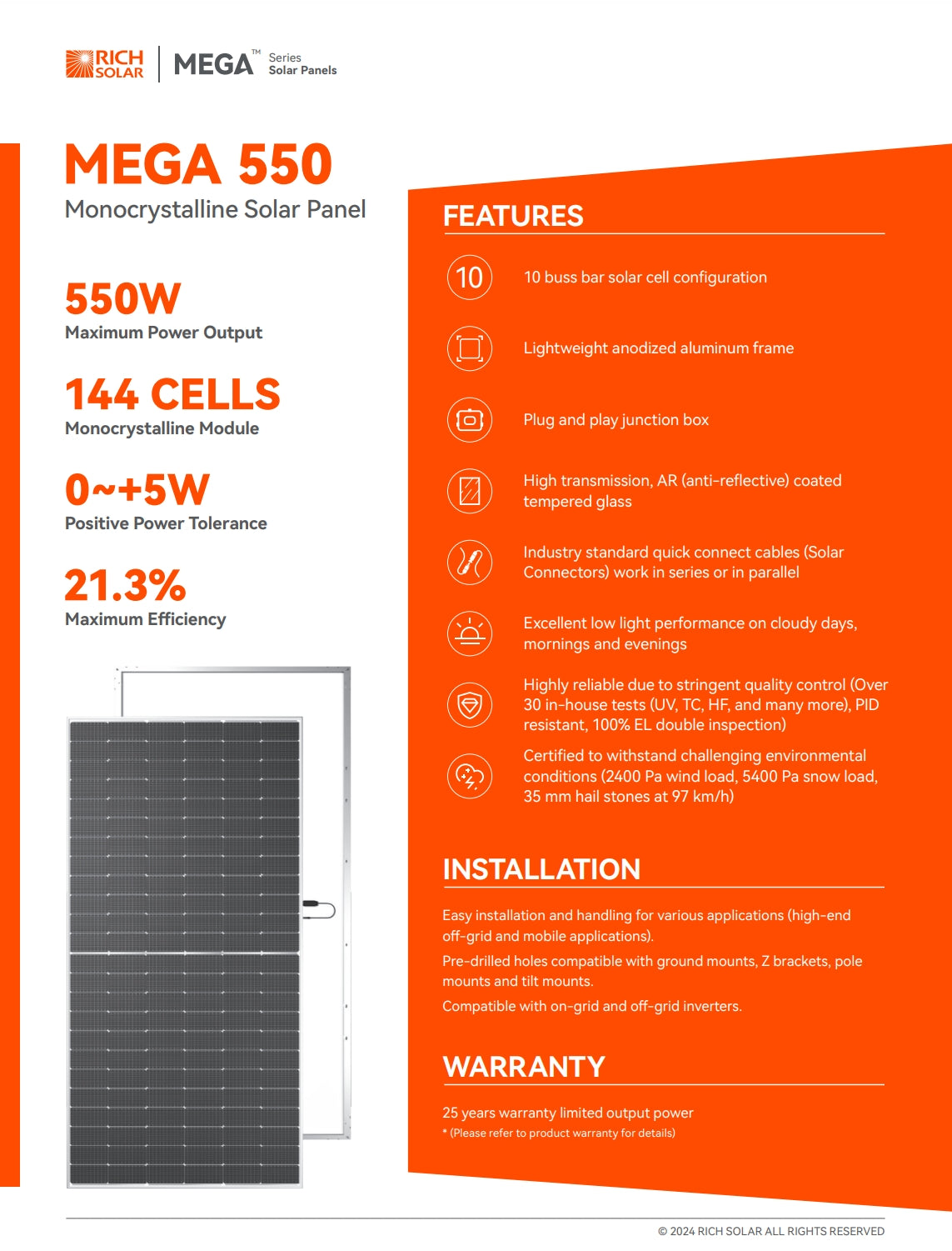 Rich Solar 550 Watt Solar Panel, High-efficiency solar panel with 10x10 bus bar, lightweight frame, and 550W max power output.