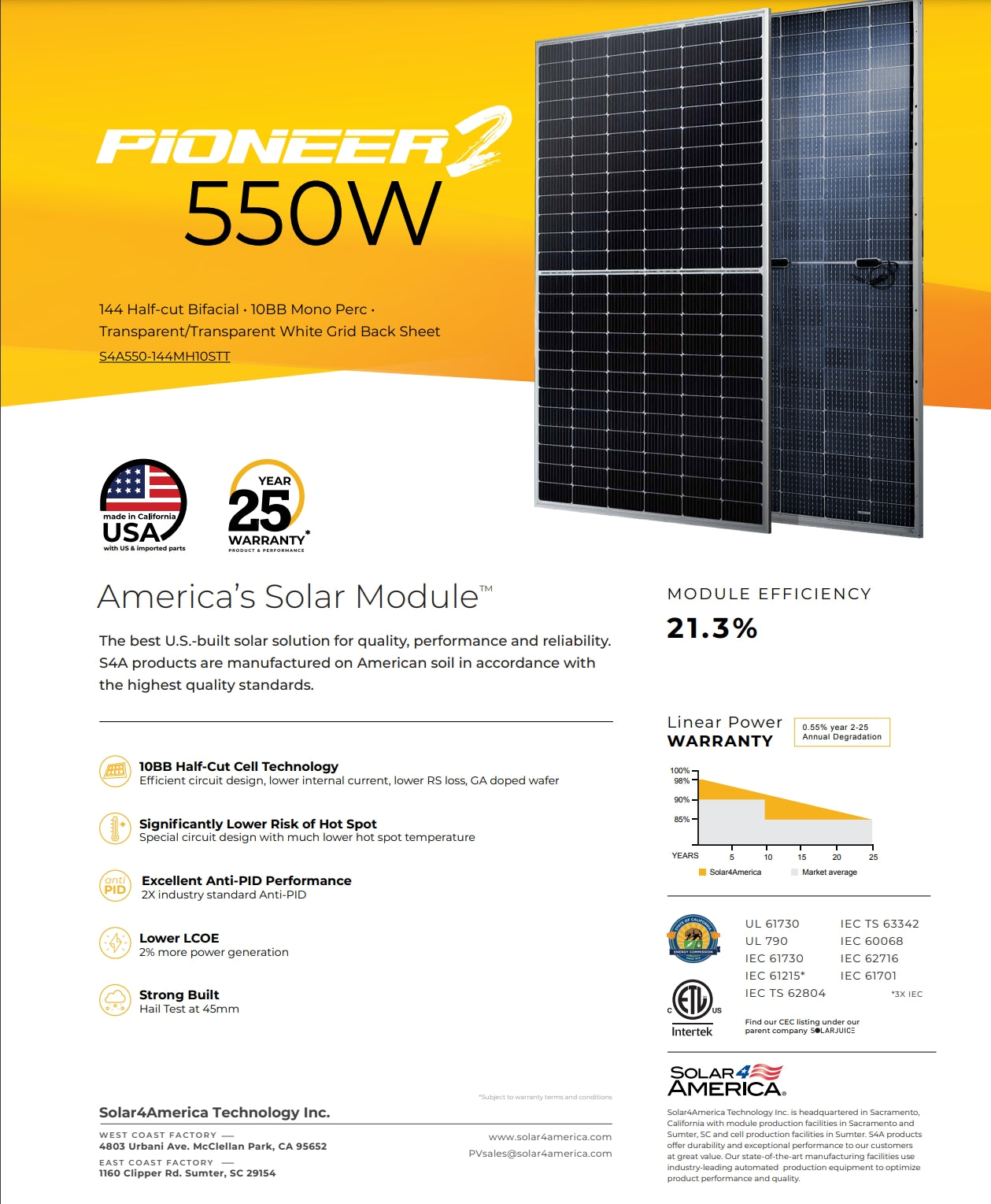Solar4America 550W Solar Panel, Solar4America's 550W solar panel features high-efficiency cells and reliable manufacturing process.