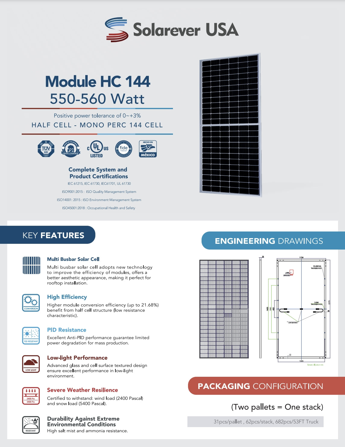 Solarever 550W Solar Panel, High-efficiency solar panel with positive power tolerance and advanced features for optimal energy production.