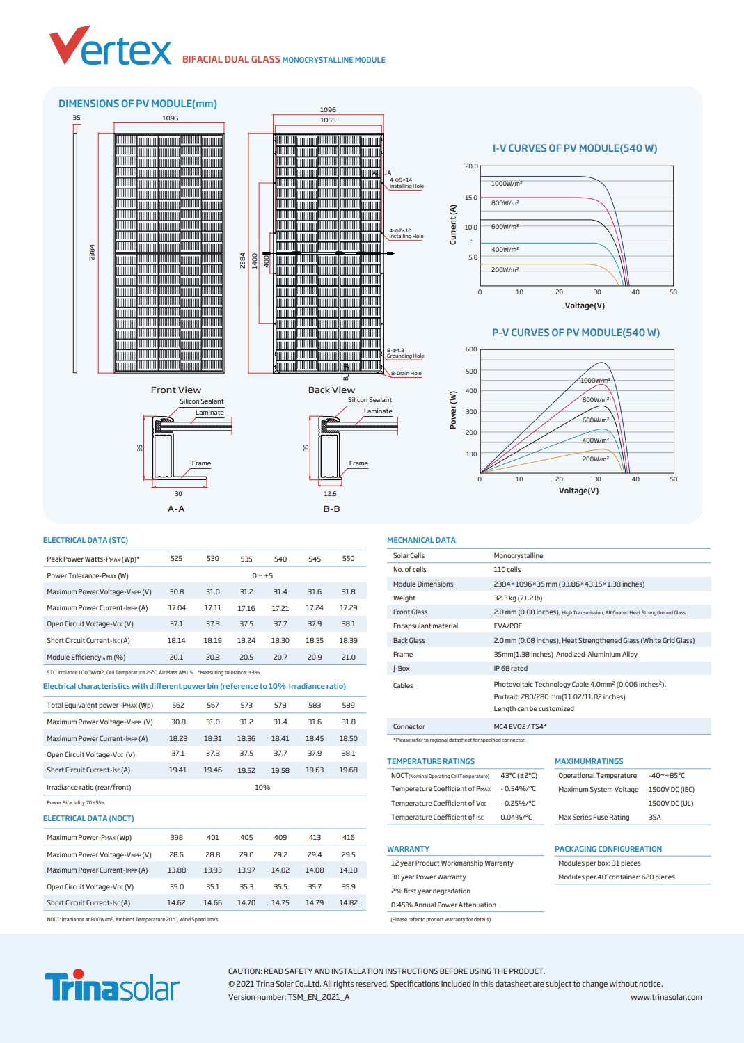 Trina Vertex 550W Solar Panel, High-efficiency solar panel with dual-glass design, measuring 1.096m x 1.096m x 1.055m.