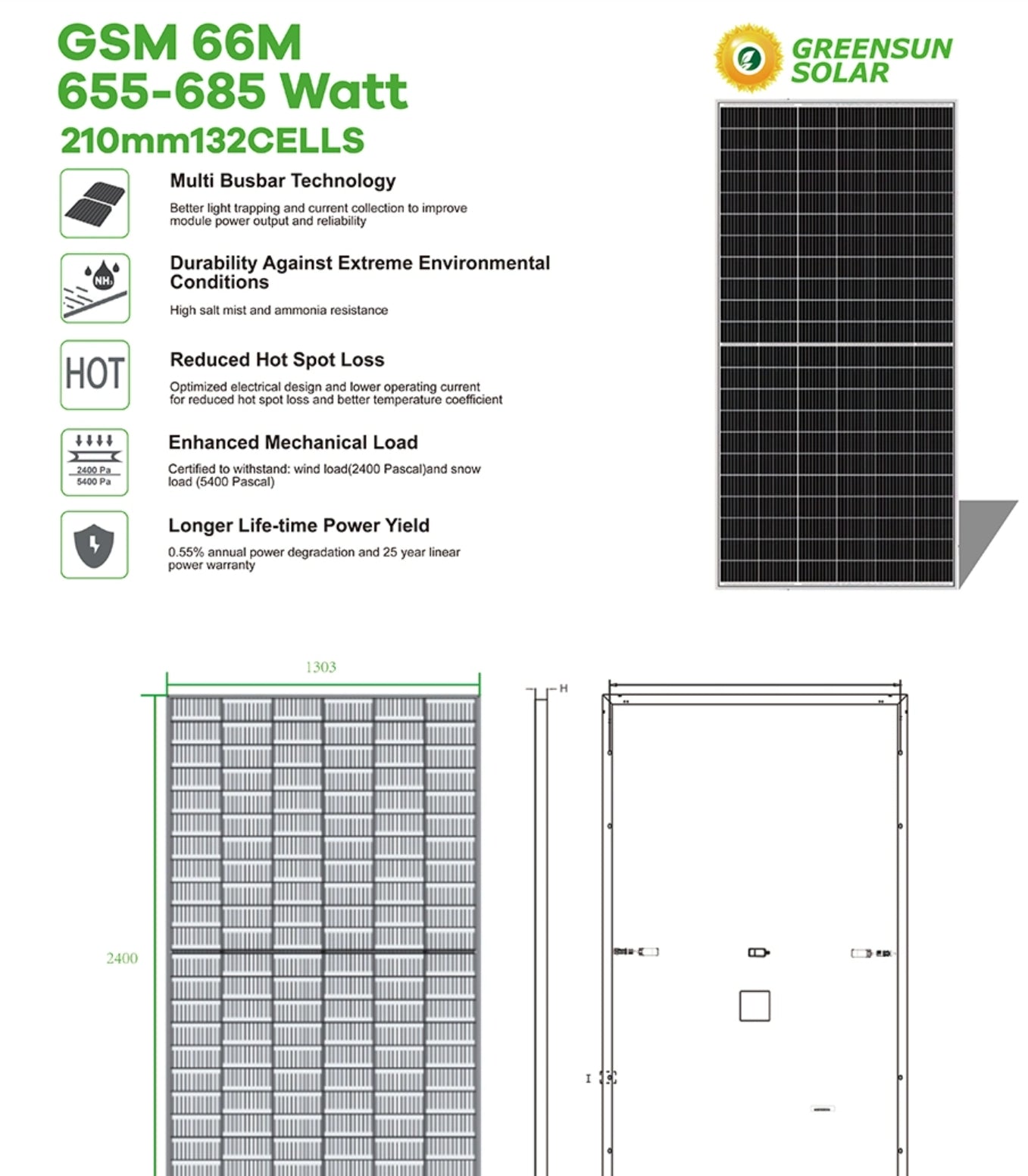 The Greensun 685W solar panel features high-efficiency power generation, enhanced light trapping, and reliability for residential and commercial applications.