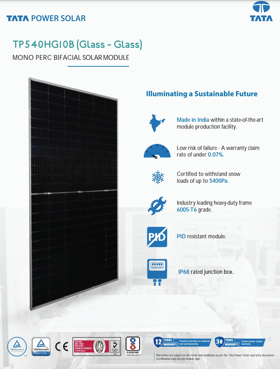 Tata 540w Solar Panel, Tata Power Solar TPS40HGIOB module offers reliable and durable performance with low failure risk, certified for snow loads up to 5400 Pa.