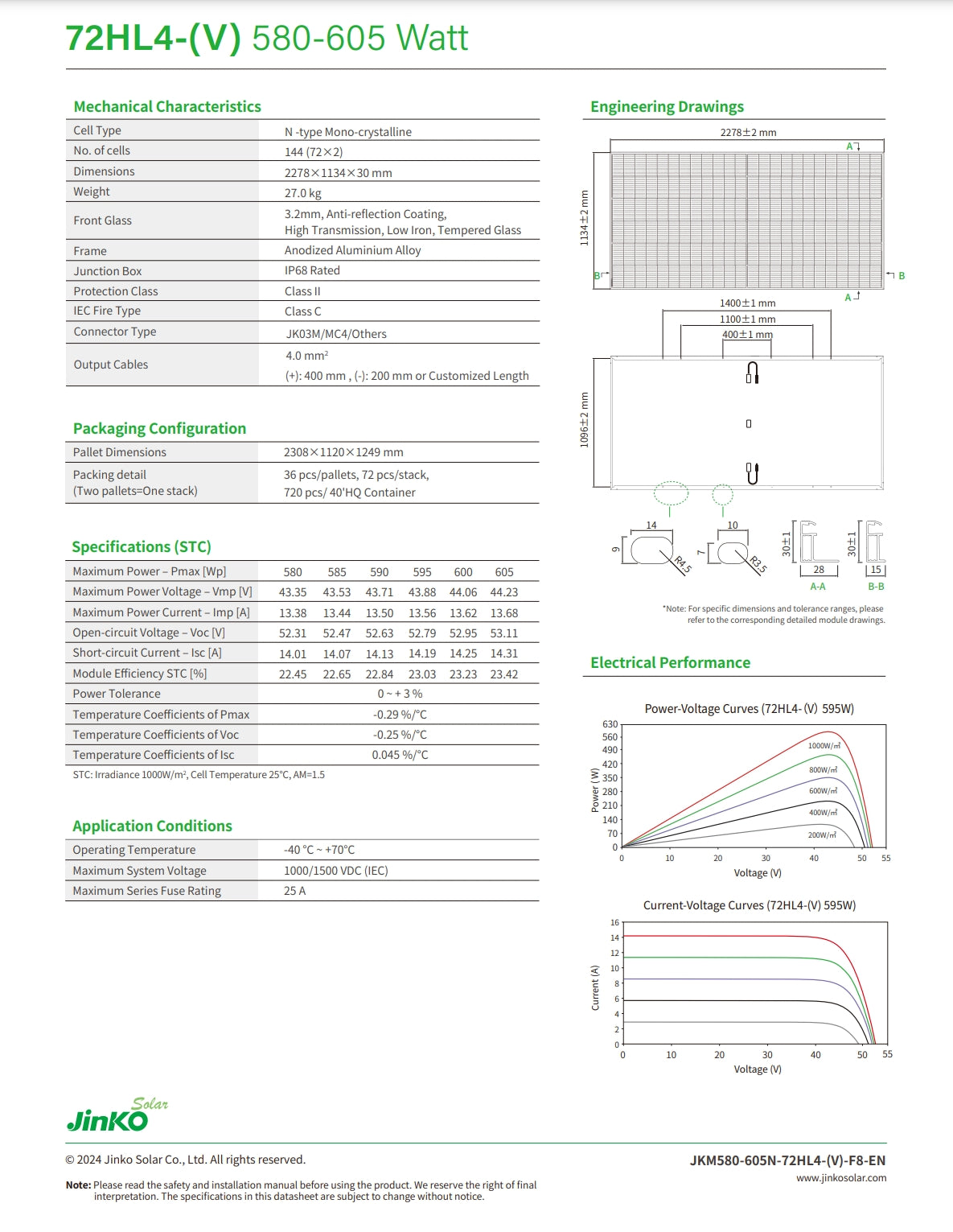 The Jinko 605W Solar Panel features mono-crystalline cells, mechanical and electrical specifications for operation and safety.