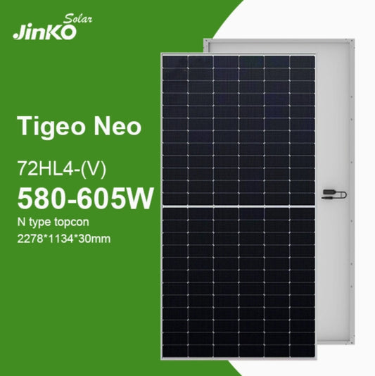 Jinko 605W Solar Panel, Solar panel details: Jinko 605W, 580-605 watts, N-type, top-contact, dimensions 2278x1134x30mm.