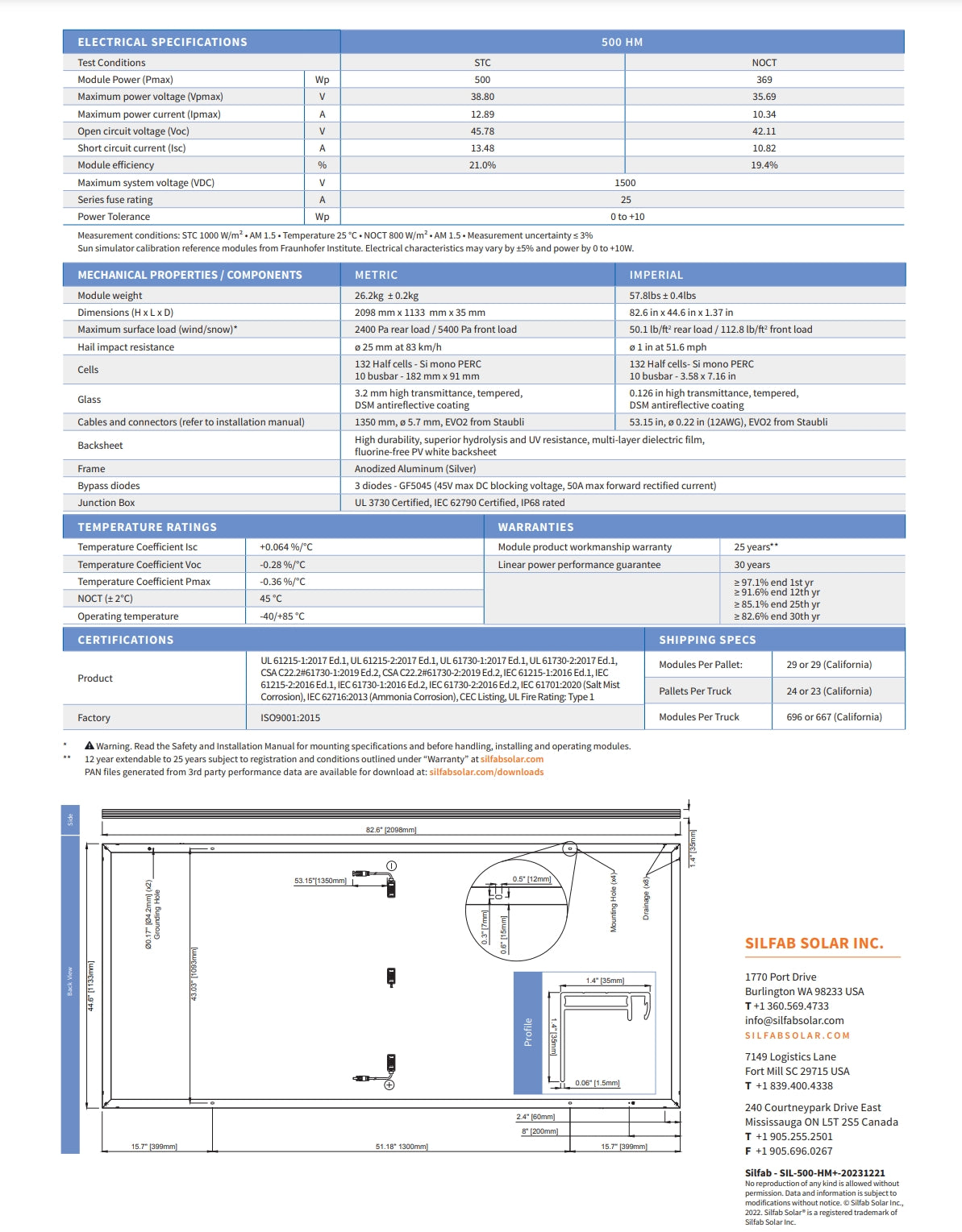 Silfab 500W Solar Panel product has electrical specifications: 500W power, 38.8V voltage, and 12.9A current.