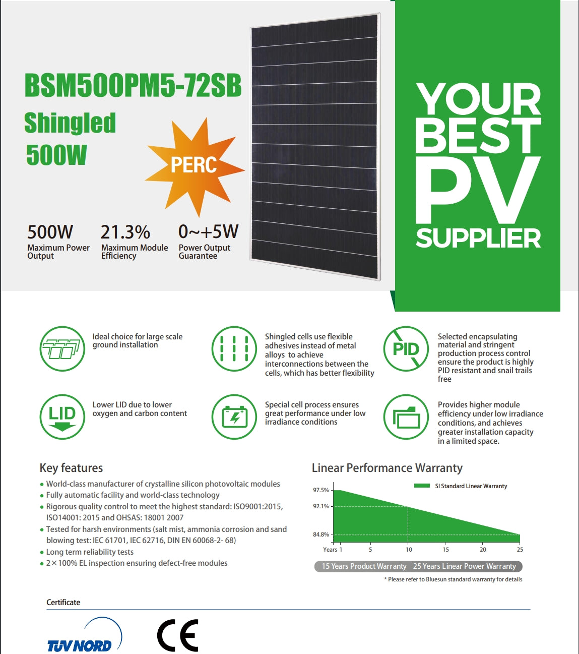 Bluesun 500W Solar Panel, High-efficiency shingled cells solar panel with maximum power output, ideal for large-scale installations, featuring high-quality modules and rigorous quality control.
