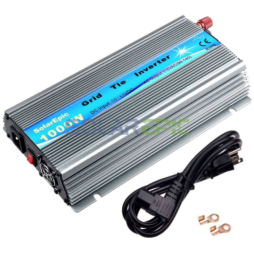 1000W solar grid tie inverter in finned aluminum case with blue label, AC plug cord and two ring terminals