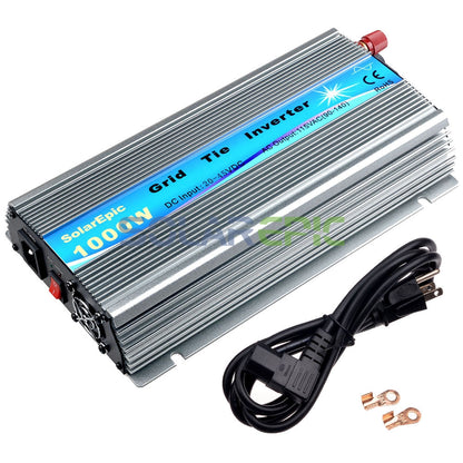 1000W solar grid tie inverter in finned aluminum case with blue label, AC plug cord and two ring terminals