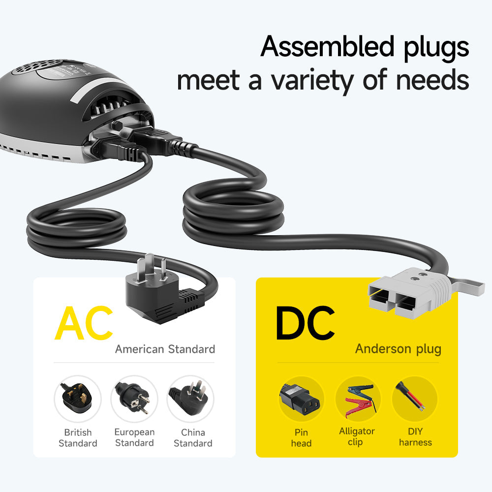 AC and DC plug options for charger, showing US/EU/UK/CN AC plugs and Anderson DC connector