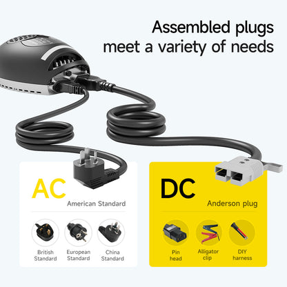 AC and DC plug options for charger, showing US/EU/UK/CN AC plugs and Anderson DC connector