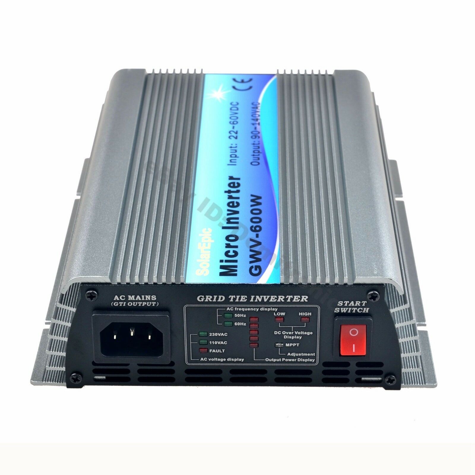600W Grid Tie Inverter, 600W grid tie micro inverter GWV-600W with AC mains output socket, status LEDs, and front start switch