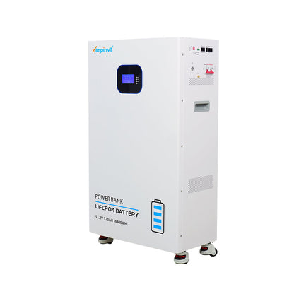 Ampinvt 51.2V 320Ah LiFePO4 power wall battery on casters with LCD display and side control panel