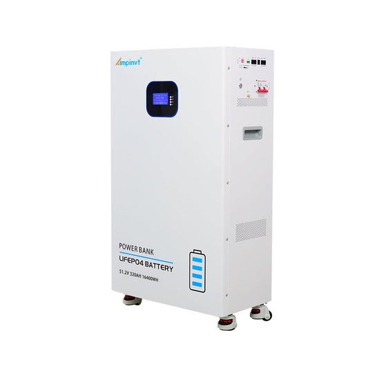 Ampinvt 51.2V 320Ah LiFePO4 power wall battery on casters with LCD display and side control panel