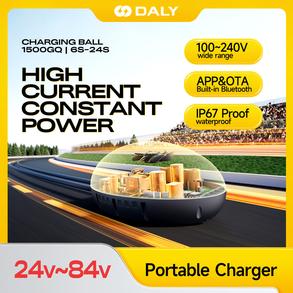 Daly charging ball 1500W graphic showing 24V–84V range, IP67 waterproof rating, and Bluetooth app/OTA