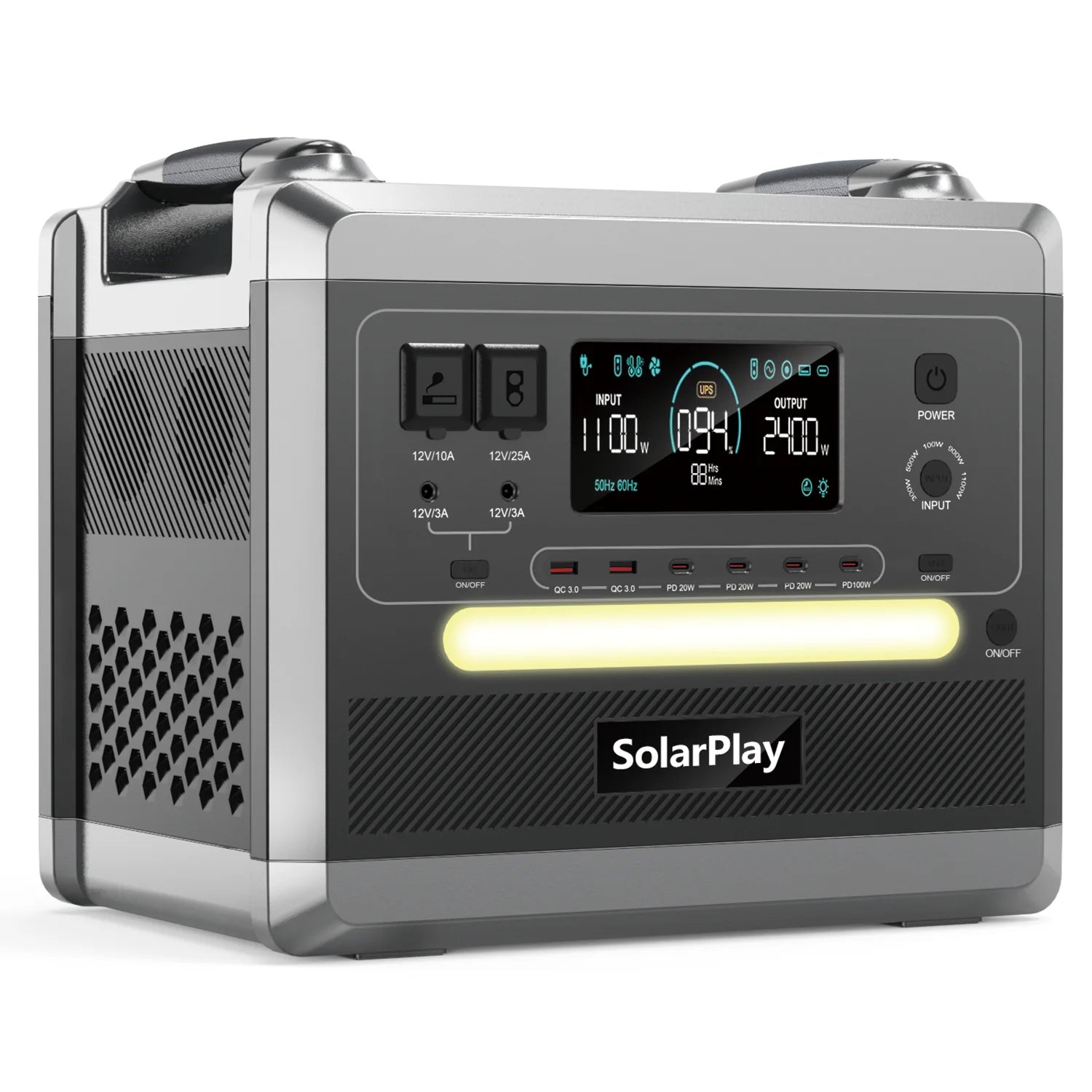 SOLARPLAY Q2501 Portable Power Station, Portable 2160Wh LiFePO4 power station delivers 2400W (4800W peak), 94% efficiency, UPS, multiple ports, digital display, light, and 1100W input. Compact, durable, perfect for outdoor and emergency use.