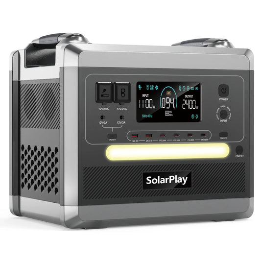 SOLARPLAY Q2501 Portable Power Station, Portable 2160Wh LiFePO4 power station delivers 2400W (4800W peak), 94% efficiency, UPS, multiple ports, digital display, light, and 1100W input. Compact, durable, perfect for outdoor and emergency use.