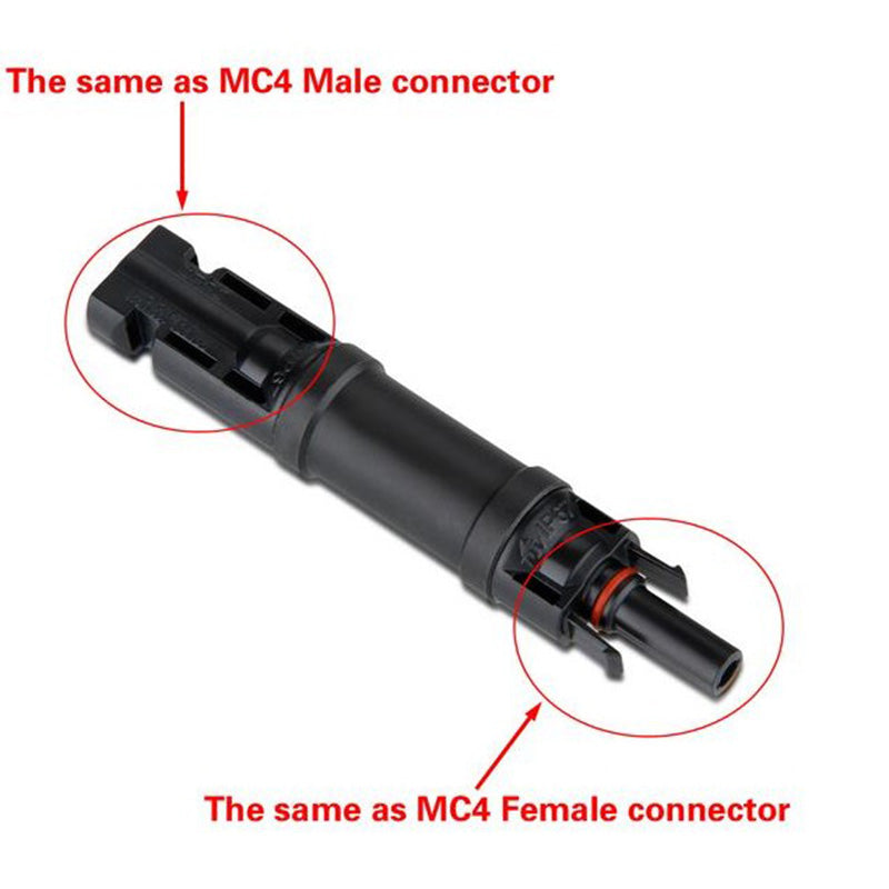Inline MC4 male-to-female solar cable connector with diode housing and locking tabs, black waterproof plug