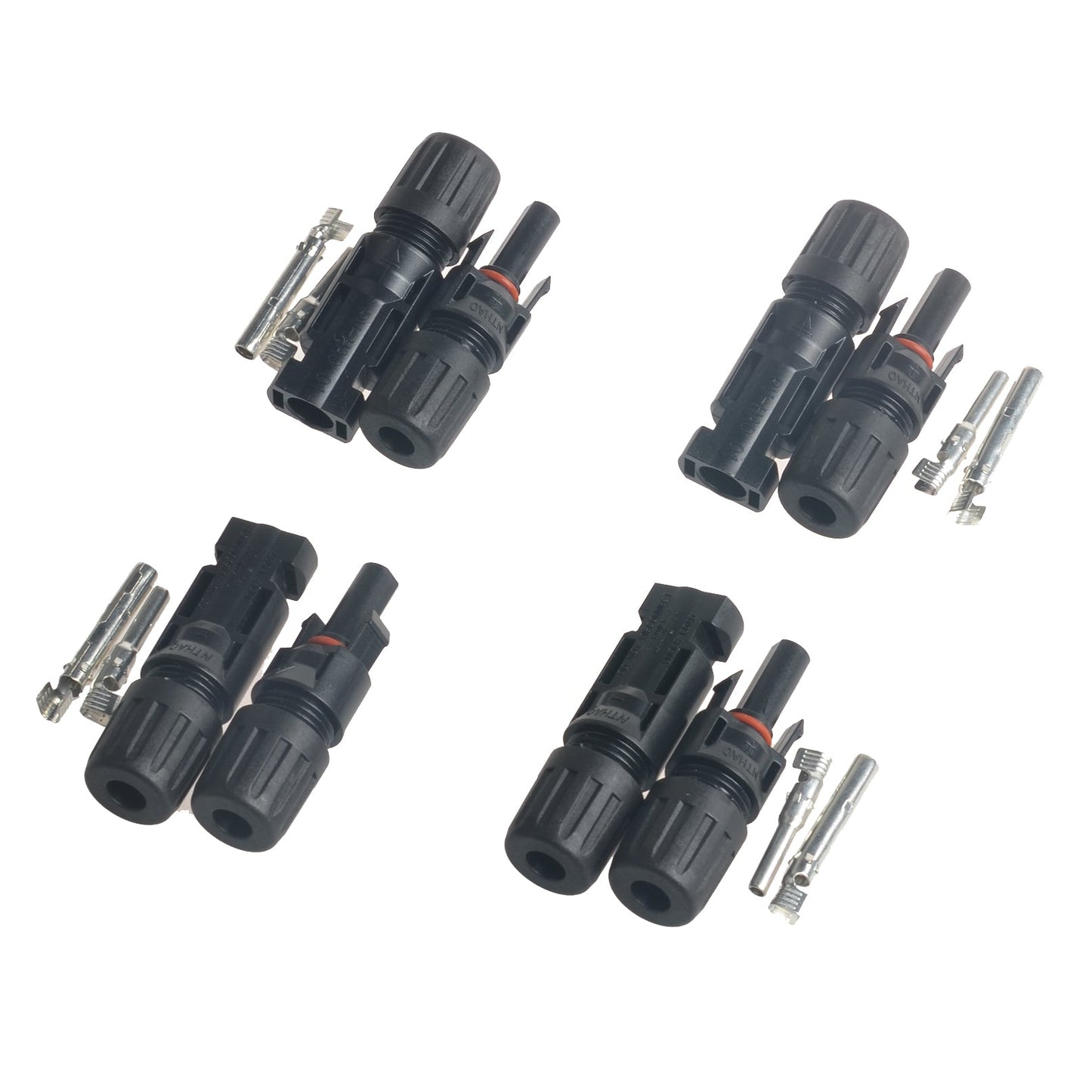 Set of black solar panel cable connectors with male and female plugs and metal crimp contacts