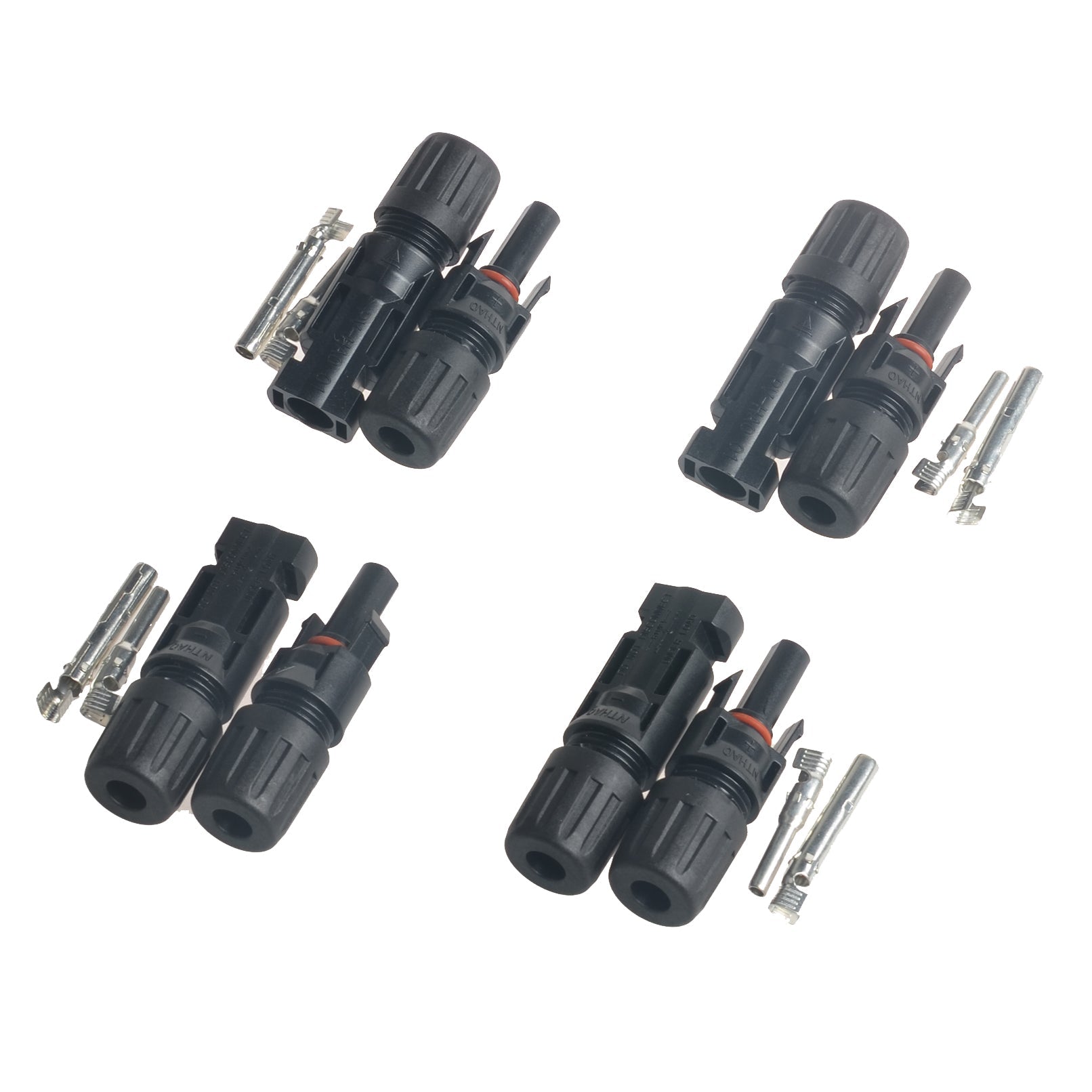 Set of black solar panel cable connectors with male and female plugs and metal crimp contacts