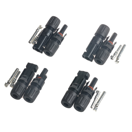 Set of black solar panel cable connectors with male and female plugs and metal crimp contacts
