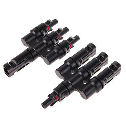 T-type 3-branch MC4 solar panel connector adapters in black, with multiple male and female plug ends