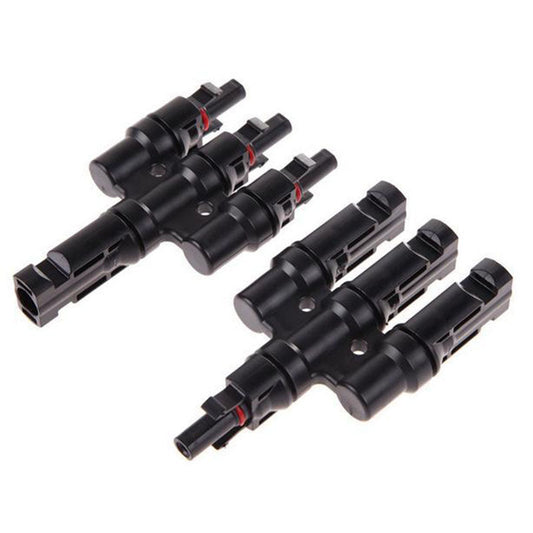 T-type 3-branch MC4 solar panel connector adapters in black, with multiple male and female plug ends