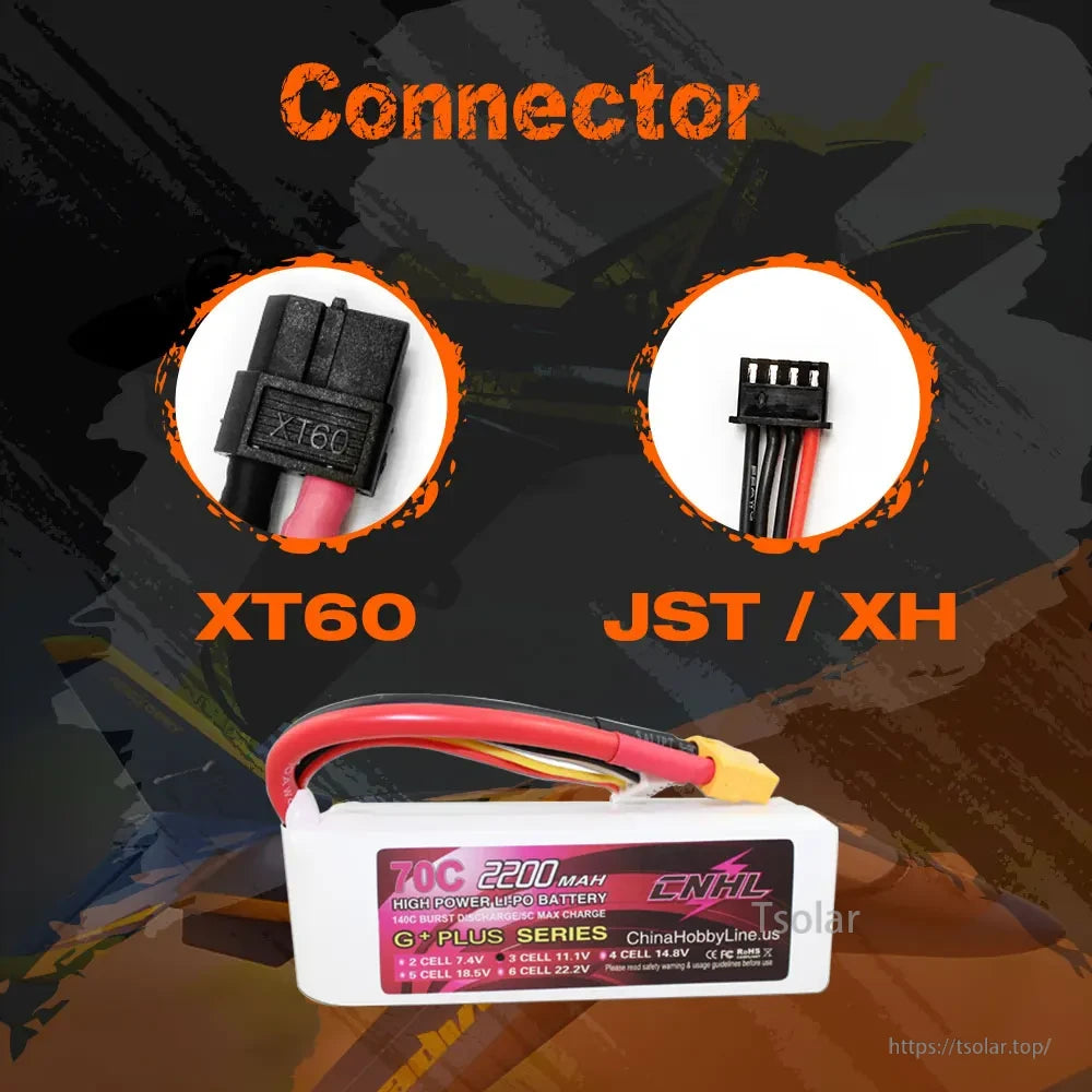 2PCS CNHL 3S 11.1V Lipo Battery, CNHL 70C 2200mAh 3S 11.1V LiPo battery with XT60 and JST/XH connectors, 140C burst discharge, 5C max charge, high power, from ChinaHobbyLine.us.