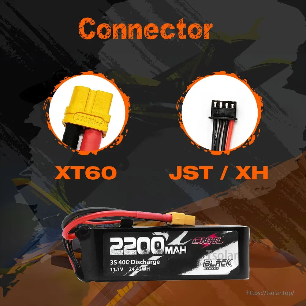 2PCS CNHL 3S 11.1V Lipo Battery, CNHL 2200mAh 3S 11.1V 40C LiPo battery with XT60 and JST/XH connectors for high-performance RC applications.