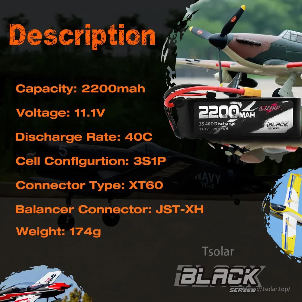 2PCS CNHL 3S 11.1V Lipo Battery, 2200mAh 11.1V 3S1P LiPo battery, 40C discharge, XT60 and JST-XH connectors, 174g, Black Series CNHL.