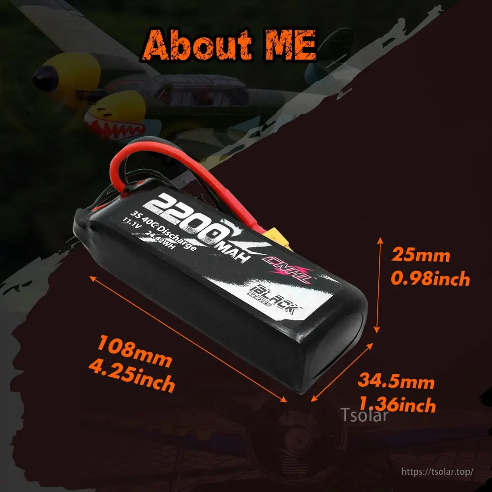 2PCS CNHL 3S 11.1V Lipo Battery, 2200mAh 3S 11.1V LiPo battery, 40C discharge rate, compact 108x34.5x25mm size, part of CNHL Black Series.
