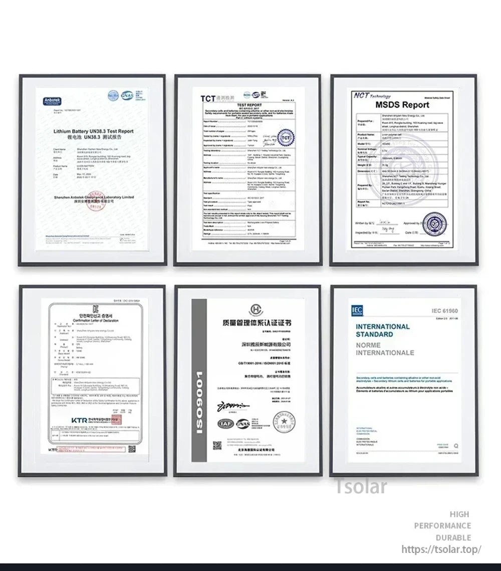 Six certifications (UN38.3, TCT, MSDS, Korean letter, ISO9001, IEC 61960) confirm the 2S 7.4V 2000mAh 10C 18650 LiPo battery’s safety, performance, and global compliance, ensuring quality, durability, and reliability.