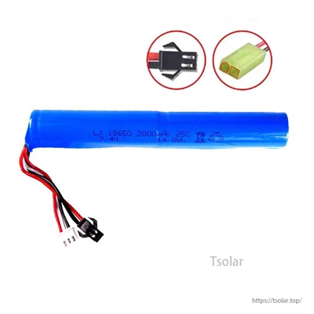 2S 7.4V 2000mAh 10C 18650 LiPo Battery, 2S battery for water guns, airsoft BBs, and electric toys with small Tamiya plug